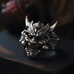 an oni demon mask ring on a table Generative Ai