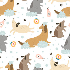 seamless pattern with cartoon dog, decor elements. Colorful flat style. hand drawing. Grooming. baby design for fabric, print, wrapper, textile