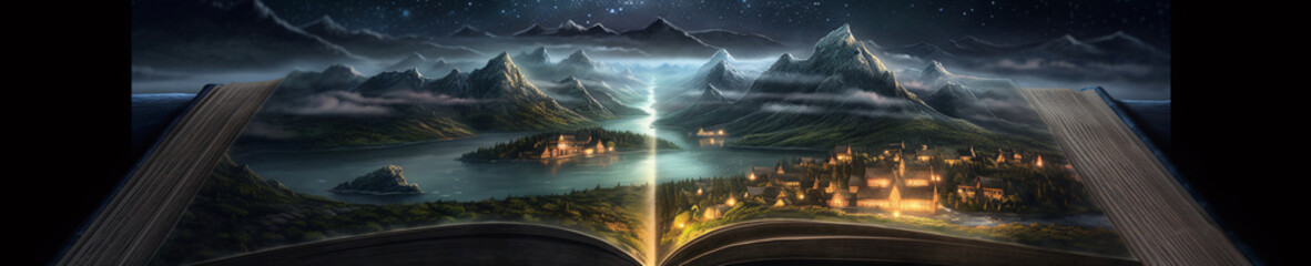 Fantasy world in a book, reading as a portal to imagination, high fantasy, magical, generative AI