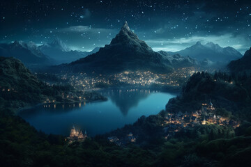 Fantasy landscape with medieval towns, towering mountain, lake and magical night sky, generative ai