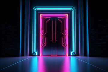 Blue pink neon lights showing a doorway, futuristic, imagination, possibilities, generative ai