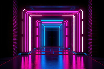 Blue pink neon lights showing a doorway, futuristic, imagination, possibilities, generative ai