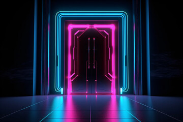 Blue pink neon lights showing a doorway, futuristic, imagination, possibilities, generative ai