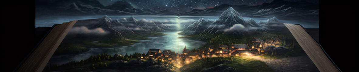 Fantasy world in a book, reading as a portal to imagination, high fantasy, magical, generative AI
