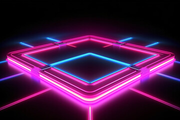 Blue and pink neon platform, ring, socket, imagination, futuristic, black background, metaverse, generative ai