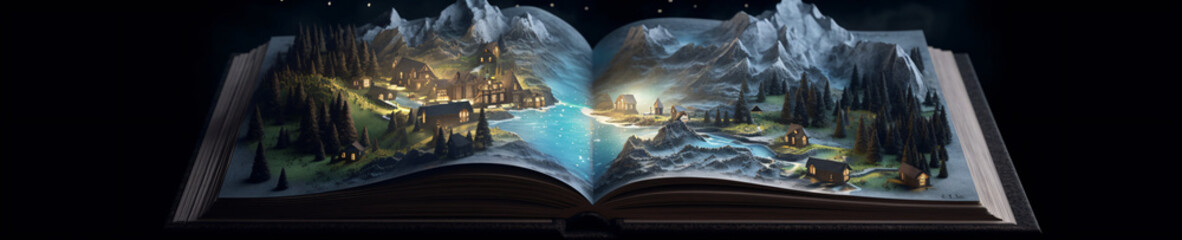 Fantasy world in a book, reading as a portal to imagination, high fantasy, magical, generative AI