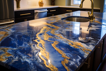 Blue marble with golden veins kitchen table top, glossy finish, interior design, generative AI