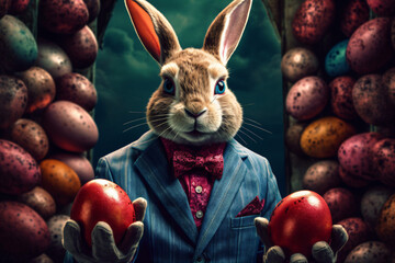 easter bunny in business suit holding easter eggs, curator-like character, dark, expressive, generative ai