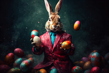 Easter bunny in business suit juggling easter eggs, generative AI