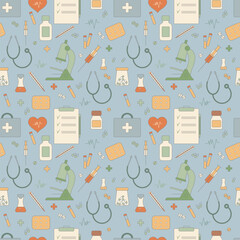Color medical seamless pattern in retro style, clinic vector illustration. Hospital thin line icons - thermometer, check, tests, drugs, first aid kit, syringe, pills, microscope, stethoscope.