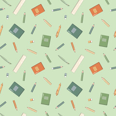 Seamless pattern of school accessories with linear icons. Study tools background - pencil, pen, ruler, colored pencils, notepad, vector illustration. Color wallpaper for stationery sale brochure.