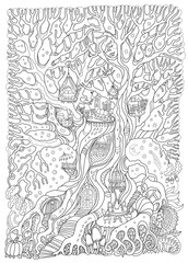 Fototapeta na wymiar Fantasy oak tree with fairy tale house and toy furniture. Adults and children Coloring book page 