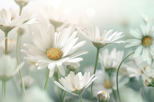 3D illustration Daisies blur floral background. Generative AI