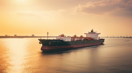 Fototapeta premium Aerial drone photo of large Liquefied Petroleum Gas tanker or LPG anchored in deep blue ocean sea. Generative Ai.