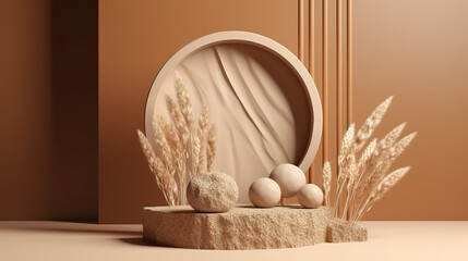 Fototapeta premium Circle wood podium in tropical forest for product presentation. Generative Ai