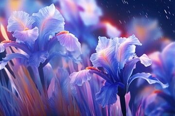 3D illustration Irises blur floral background. Generative AI