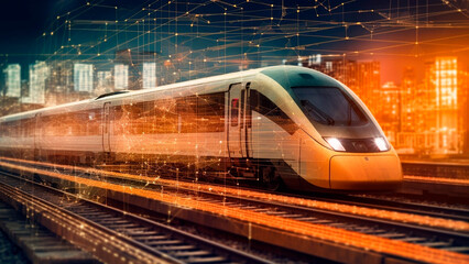 The picture of a train on a background of analytics data represents the transportation and logistics industries, highlighting the role of railway transportation in these fields.