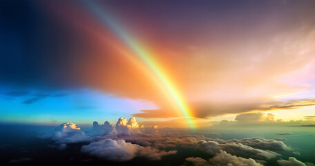Beautiful rainbow over the clouds at sunset. Generative AI