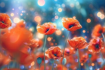 3D illustration Poppies blur floral background. Generative AI