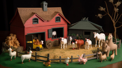 Claymation style illustration of a farmyard with animals. Generative AI. 