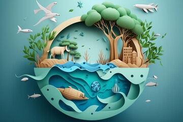 Prace z papieru Ekologia i światowy dzień wody, oszczędzanie wody i światowy dzień środowiska, ochrona środowiska i oszczędzanie wód gruntowych - obrazy, fototapety, plakaty