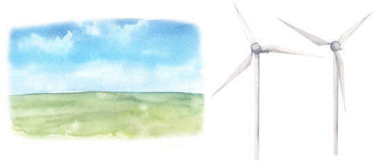 Watercolor illustration of landscape with windmills. Hand-drawn clipart on the theme of ecology. Picture for the informational design of the Earth Day and environmental protection booklet. © nadia.art.design