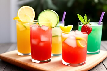 Fototapeta premium Generative Ai. Set of non-alcoholic refreshing summer drinks on a wooden board