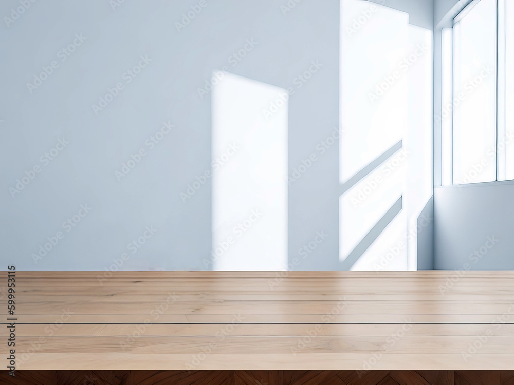 Poster Wooden table in empty room with window and sunlight. Generative AI