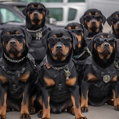 Anthropomorphic dog rottweilers in a military black outfit with black glasses. Guard dogs. Military dogs. Generative AI.