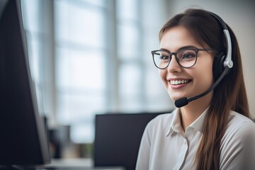 Attractive business woman Asian in suits and headsets are smiling while working with computer at office. Customer service assistant working in office. Generative Ai.