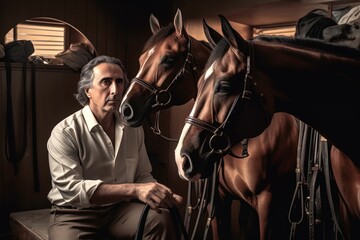 A man who owns horses sits in a stable with his animals. Generative AI. - obrazy, fototapety, plakaty