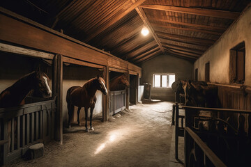 A stable with well-groomed horses. Generative AI.