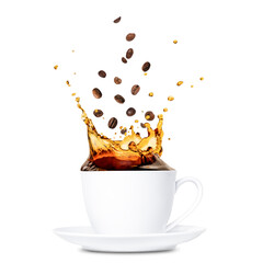 Cup of coffee with splash and Roasted Coffee Beans on White Background