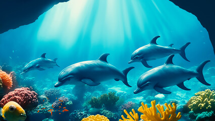 Tropical Fish Underwater. Marine Life. Coral Reef. Generative AI. Spinner dolphins underwater in blue ocean. Dolphins family