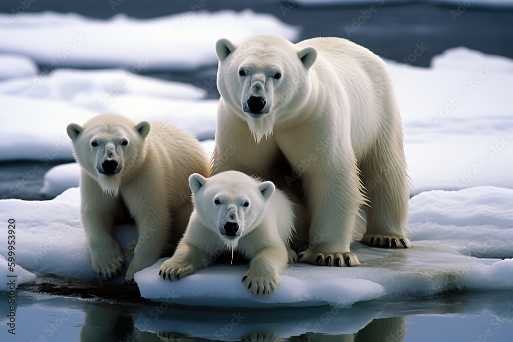 Wall mural polar bear with cubs on ice floe. generative ai