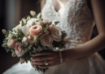 Close up of a Bride Holding Beautiful Wedding Bouquet. Generative AI..