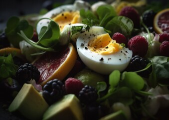 A Plate of Nutritious Fresh and Organic Salad with Fresh Ingredients like avocado, lettuce, egg, grapefruit.. Generative AI.