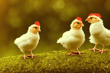 Naklejka premium Cute couple of chicken sitting on branch, generative ai image