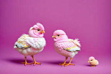 A couple of pink and yellow colored small chickens on pink background, generative ai image