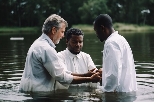 Two pastors baptize a man in the name of Christ. Baptism religion concept. Generative Ai..