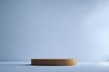 Round wooden podium for food, products or cosmetics bright blue background. Generative AI