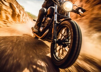 Chopper Motorcycle on Dirt Road. Concept of a power and speed. Generative AI. 
