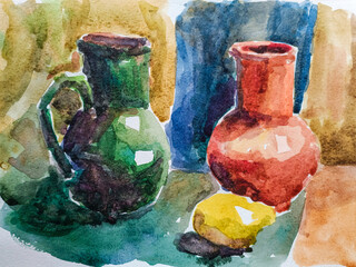 Still life in gouache, jug, Natura. © Yevheniia