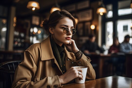"Coffee Shop Couture": Lifestyle image of a person wearing fashionable clothing in a coffee shop. Generative Ai.