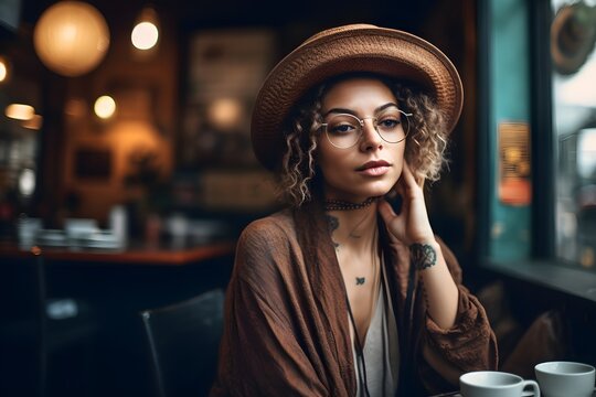 "Coffee Shop Couture": Lifestyle image of a person wearing fashionable clothing in a coffee shop. Generative Ai.