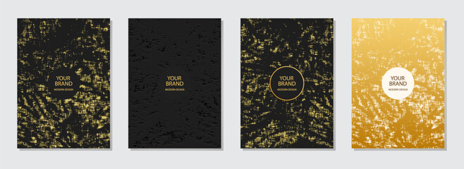Trendy cover design set. Black embossed 3d background, golden texture. Geometric stylish pattern with spots, cracks, scratches. Luxury grunge collection. Vertical vector templates.