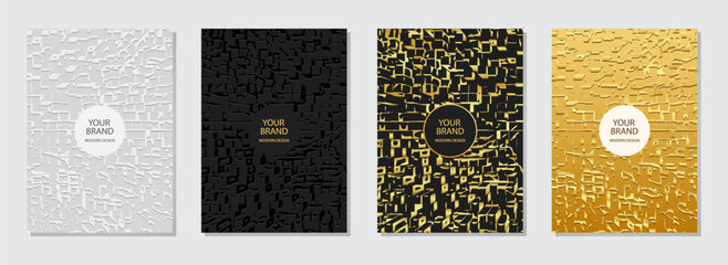 Fototapeta na wymiar Trendy cover design set. Embossed 3D backgrounds, golden texture. Geometric pattern with shapes, cracks, scratches. Luxury grunge collection. Vertical vector templates.