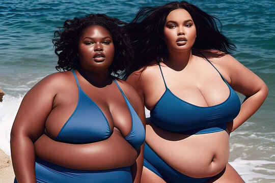 Two fat African-American women in bathing suits on the beach. Generative AI