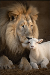 Majestic Lion and Gentle Lamb: A Serene Encounter - generative ai