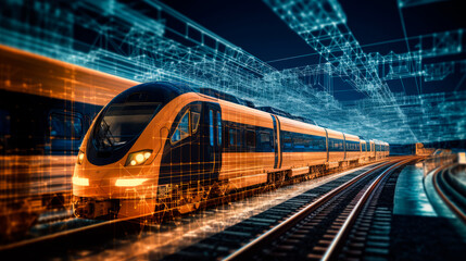 The picture of a train on a background of analytics data represents the transportation and logistics industries, highlighting the role of railway transportation in these fields.